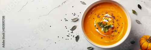 bowl of carrot soup with a garnish of herbs and a pumpkin on the side photo