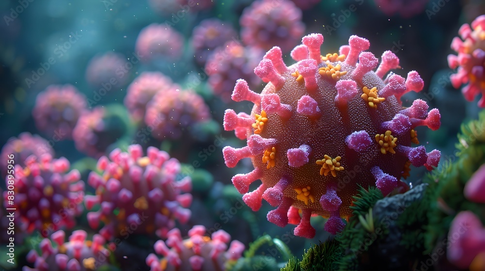 Microscopic View of Coronavirus Molecular Structure in Abstract Organic Pattern