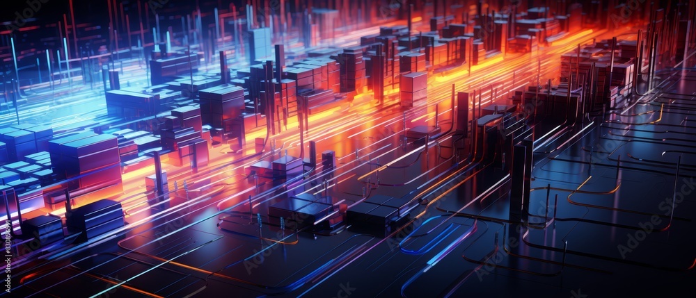 Obraz premium Futuristic circuit board with flowing data streams, vibrant colors, tech background,