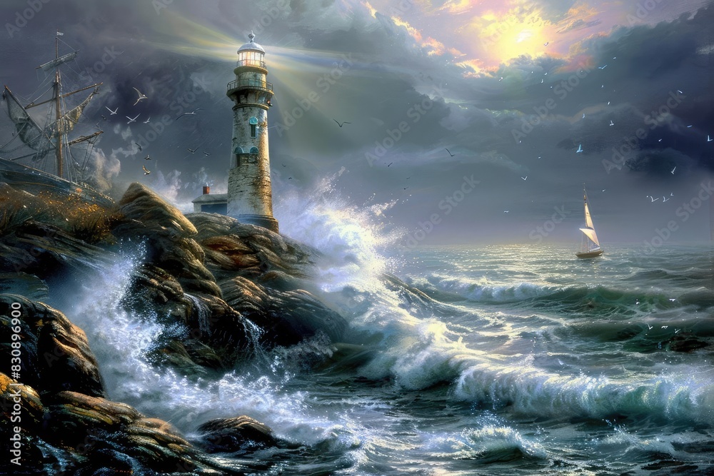 Dramatic seascape with lighthouse, rocky shore, crashing waves, and sailing boat under a stormy sky with glowing moon.