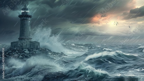 Stormy ocean scene with towering lighthouse against dark sky and giant waves crashing, depicting intense maritime weather conditions.