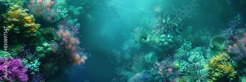 Underwater garden of aquatic plants and flowers, using a variety of greens, teals, and vibrant colors to create a lush, otherworldly scene beneath the water's surface, ai generated