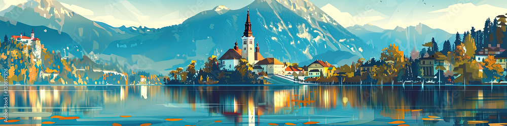 Naklejka premium Tranquil Beauty - Lake Bled Illustration