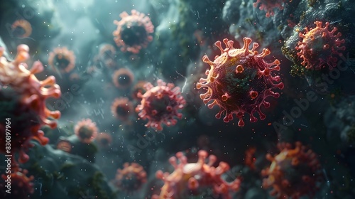 Microscopic View of Novel Coronavirus Cells in Vibrant and Textured Backdrop Representing the Global Pandemic Challenge © prasong.