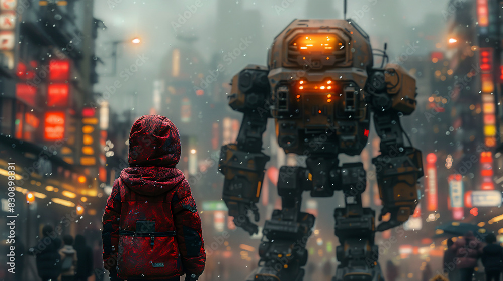 A child in a red coat stands before a towering robot in a futuristic, neon-lit cityscape. The scene is filled with mist and glowing lights, evoking a sense of awe and wonder.