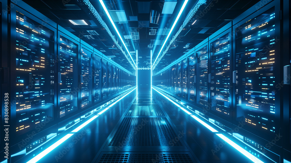3d render of abstract futuristic interior with many glowing data center server room in blue colors 3d render of abstract futuristic interior with many glowing data center server room in blue colors