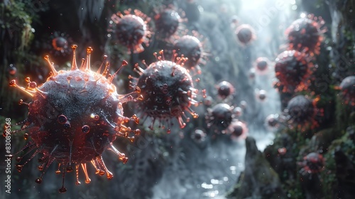 Microscopic View of Threatening Coronavirus Outbreak Causing Global Pandemic and Health Crisis