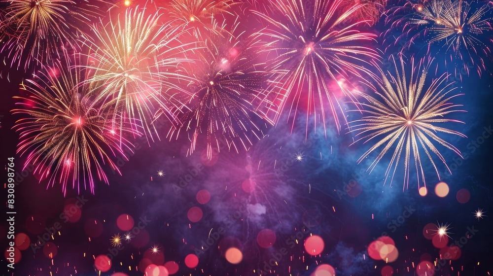 Vibrant Fireworks in a Night Sky With Blue and Pink Explosions. National holiday, Independence Day Vibrant Fireworks in a Night Sky With Blue and Pink Explosions. National holiday, Independence Day