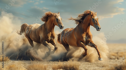  the raw power and grace of two horses galloping freely across a sandy plain. Their manes and tails flow wildly in the wind as they charge forward with incredible speed and strength. 