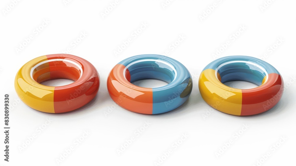Three multi-colored rings on a white background. The rings are made of blue, orange and yellow. Three multi-colored rings on a white background. The rings are made of blue, orange and yellow.