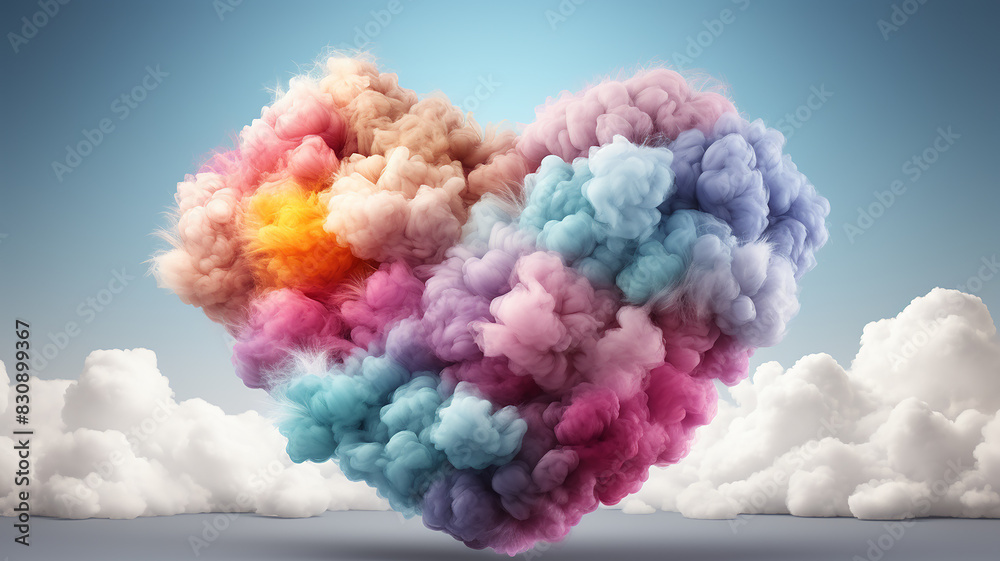 Fototapeta premium Multicolored heart of colorful clouds, romantic bright greeting card for Valentine's Day on February 14th, a symbol of love