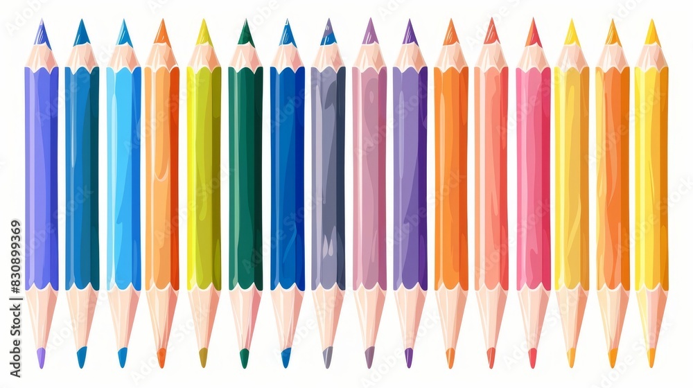 A set of 24 colored pencils with different colors. The pencils are arranged in a row. A set of 24 colored pencils with different colors. The pencils are arranged in a row.