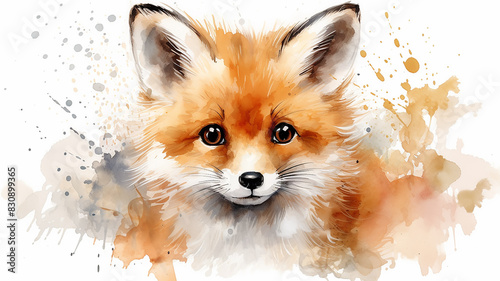 Cunning red fox, an eared predator, a wild beast in colored splashes of watercolor paints photo