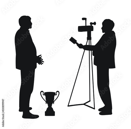Journalist, news reporter with microphone taking interview respondent