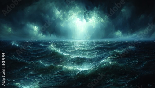 A ship sails through a stormy sea, lit by a flash of lightning.