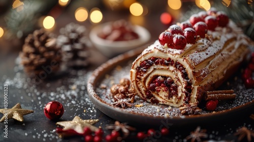 Festive Sponge Roll Buche de Noel Against a Background of Blurry Holiday Lights, Capturing the Essence of Traditional Christmas Desserts 