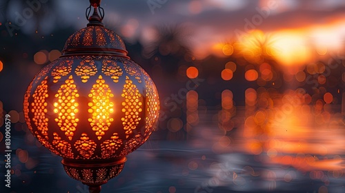 Celebration of islamic eid mubarak and eid al adha lantern in a light background. 