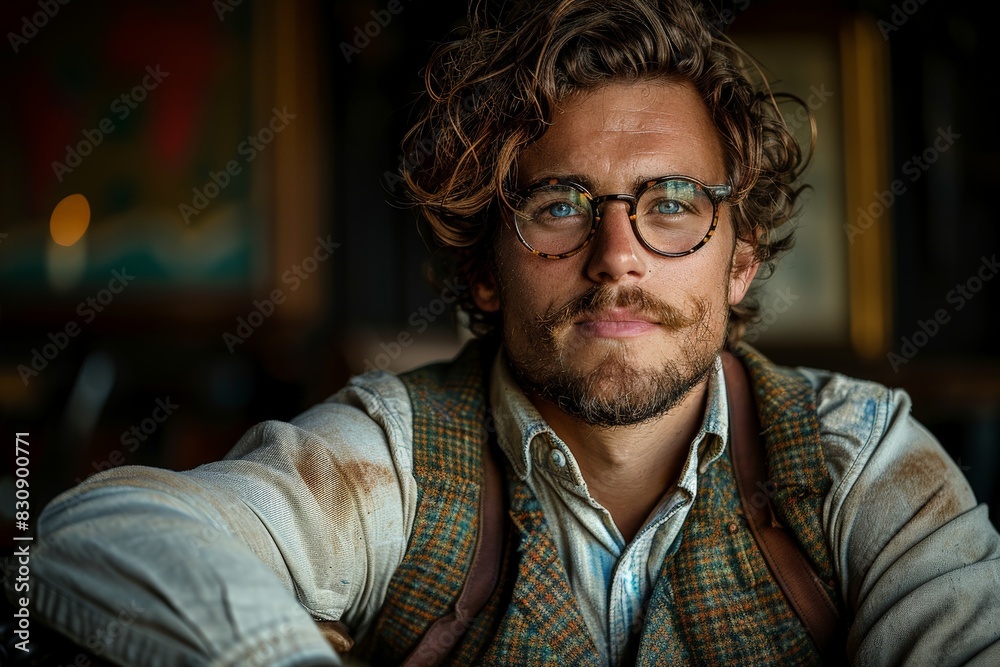 Obraz premium A contemplative male figure peers through vintage glasses, his face illuminated in a rustic, warm indoor environment