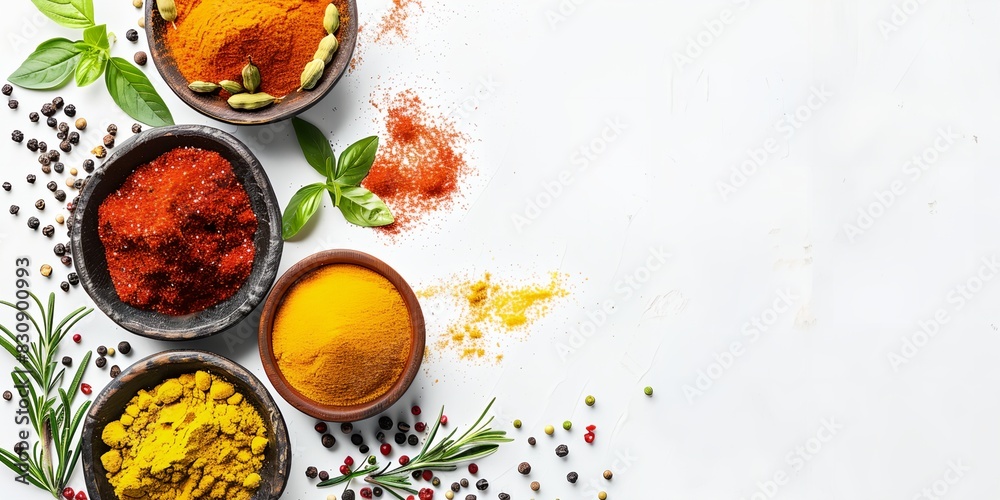 group of bowls filled with different colored spices and herbs on a white surface group of bowls filled with different colored spices and herbs on a white surface
