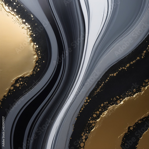 oil paint flows on a black canvas. Drops, splashes, shiny stripes. Graphic arts. marble image, gold, silver, white, gray color