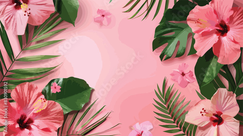 Flat lay composition with tropical Hibiscus flowers o