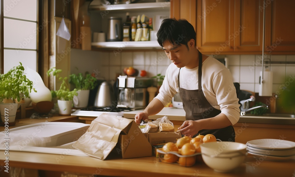 A Young Man Chef Preparing Food in Kitchen with Small Cardboard Box on Table A Young Man Chef Preparing Food in Kitchen with Small Cardboard Box on Table