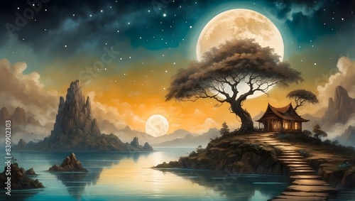 Gemälde-Stil - Wenn Sonne und Mond sich begegnen