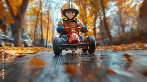 A joyful child enjoys a ride in a red pedal car among vibrant autumn leaves, showcasing childhood innocence and play photo