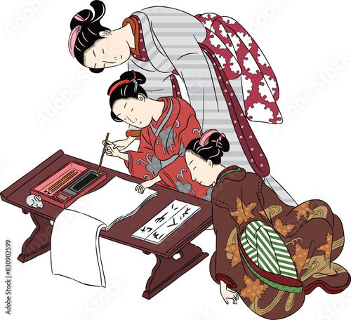 浮世絵　教える女性と教わる女性二人