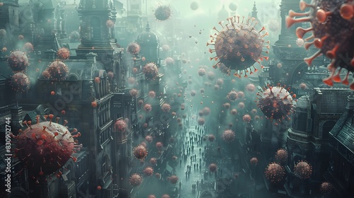 Surreal Futuristic Cityscape with Ominous Virus Particles Floating in Dystopian Atmosphere