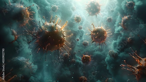 Surreal Microscopic Virus Outbreak in Chaotic Digital Landscape photo