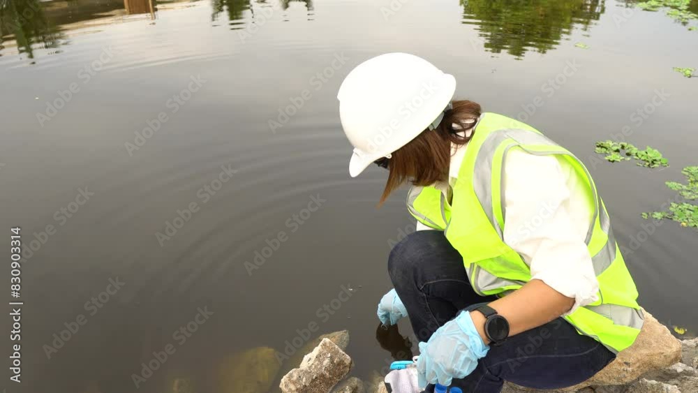 Environmental engineers and scientists inspecting water quality before treatment for potable use,checking water pollution,testing contaminants,collecting water samples for lab analysis to ensure safe
