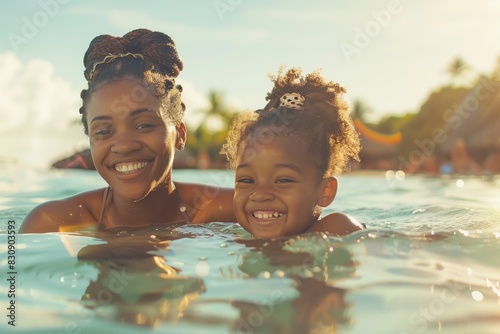 A mother with her child smiling and playing in a swimming pool under sunlight © Odin AI
