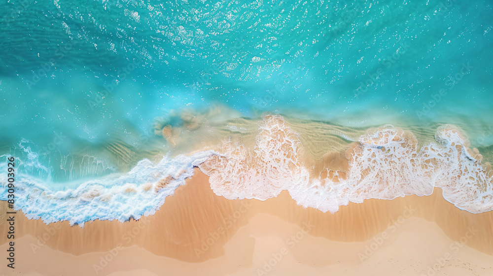 Top view of a beautiful sandy beach with turquoise water and waves, an aerial drone photo from above. A summer vacation
Top view of a beautiful sandy beach with turquoise water and waves, an aerial drone photo from above. A summer vacation