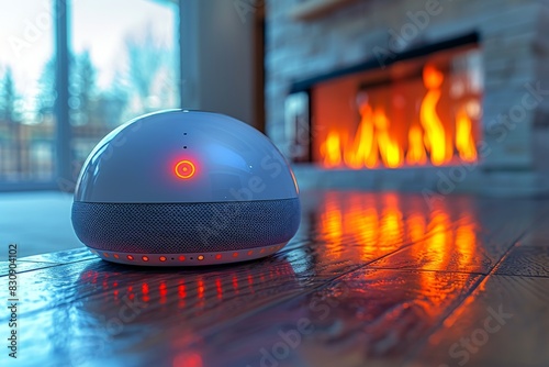 Indoor shot of a smart speaker placed on a wooden floor, lit by a warm fire glow and displaying a red alert symbol signaling an issue or interaction photo