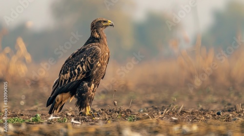 Greater spotted eagle perched on the ground with a clear foreground and background at Bhigwan avian reserve Maharashtra photo