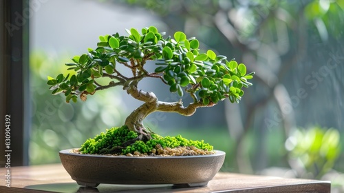 Money tree with a bonsai twist Curly bird Crassula ovata arborescens Undulatifolia Perfect for home decoration as an indoor plant photo