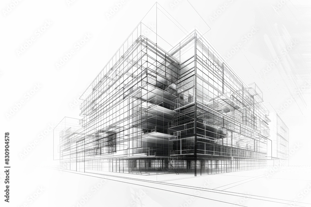 A black and white wireframe drawing of a modern architectural concept for a building