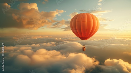 A hot air balloon is floating in the sky above a cloudy backdrop