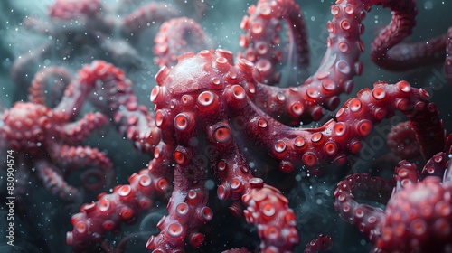Vibrant Crimson Octopus Tentacles in a Surreal Underwater Realm