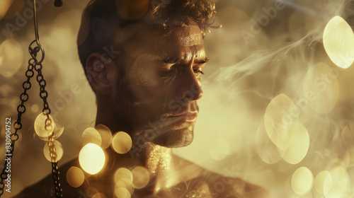 Man in the image of a zodiac sign Scales on blurred background