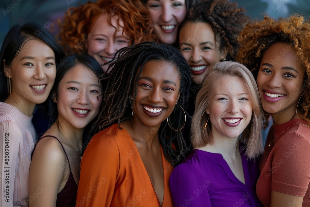 A diverse group of joyful women posing with smiles, representing friendship and unity among different ethnicities A diverse group of joyful women posing with smiles, representing friendship and unity among different ethnicities