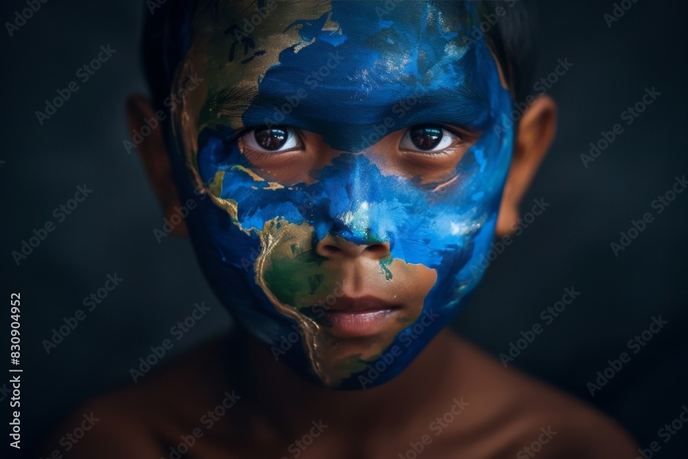 A young boy has his face painted with a world map, symbolizing childhood, creativity, and global awareness A young boy has his face painted with a world map, symbolizing childhood, creativity, and global awareness