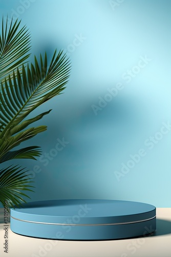 Empty blue podium mockup for product display background with palm leaves shadow overlay  blue podium pedestal or platform stand with window light on wall  cosmetic or luxury product display mockup