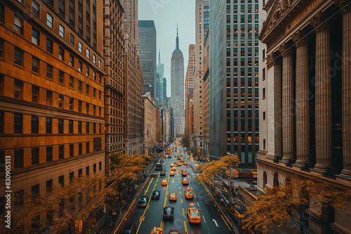 An aerial view of Wall Street, with iconic buildings and the hustle and bustle of the financial district.