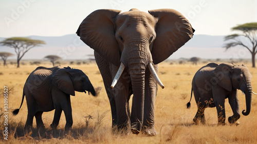 A family of elephants traverses the African savanna, their graceful movements and gentle trumpets echoing across the vast expanse of the plains, Generative AI