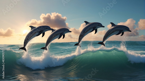 A pod of dolphins leaps joyfully through the waves, their sleek forms slicing through the ocean spray as they dance beneath the endless sky, Generative AI