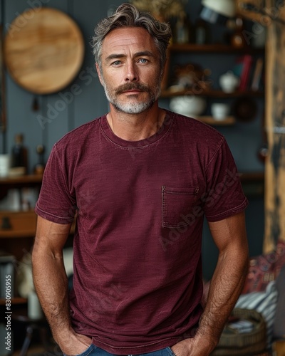Mockup Maroon T-Shirt with Mature Man in Cozy  Rustic Setting