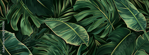 A dark green background with large  detailed leaves of a tropical plant. The texture is smooth and realistic 
