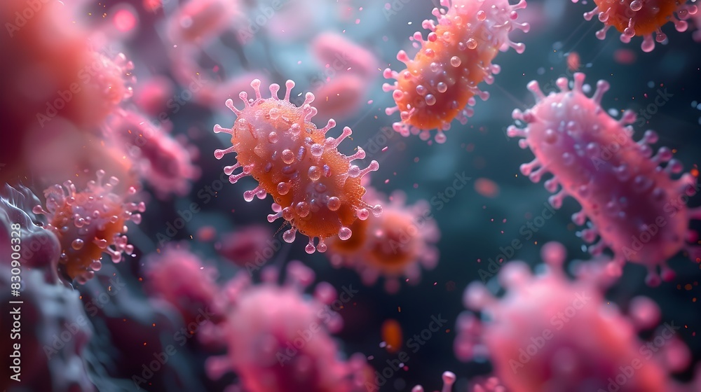 Naklejka premium Vibrant Microscopic Viral Structures Amidst a Colorful Digital Backdrop